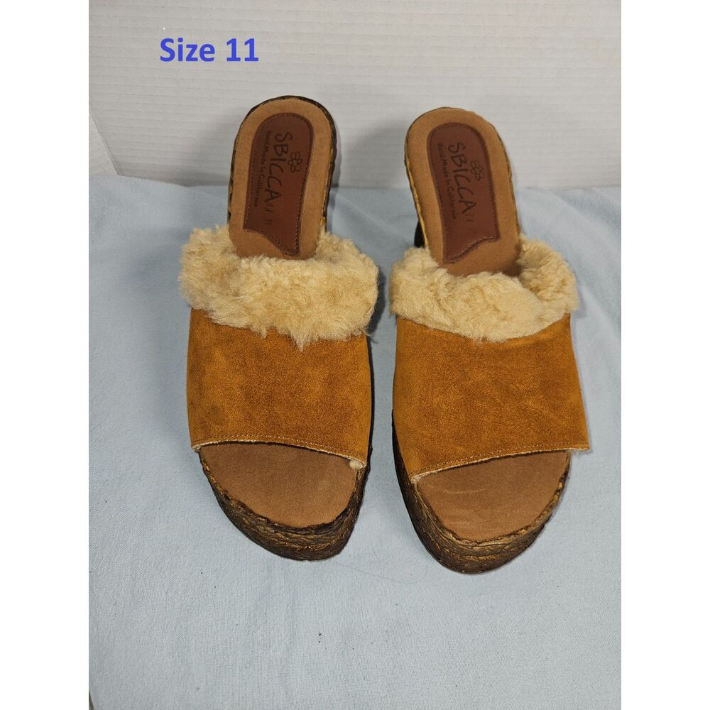 Sbicca Cafe Brown Suede Faux Fur Trim Platform Wedge Mules Open Toe 11 NWOB